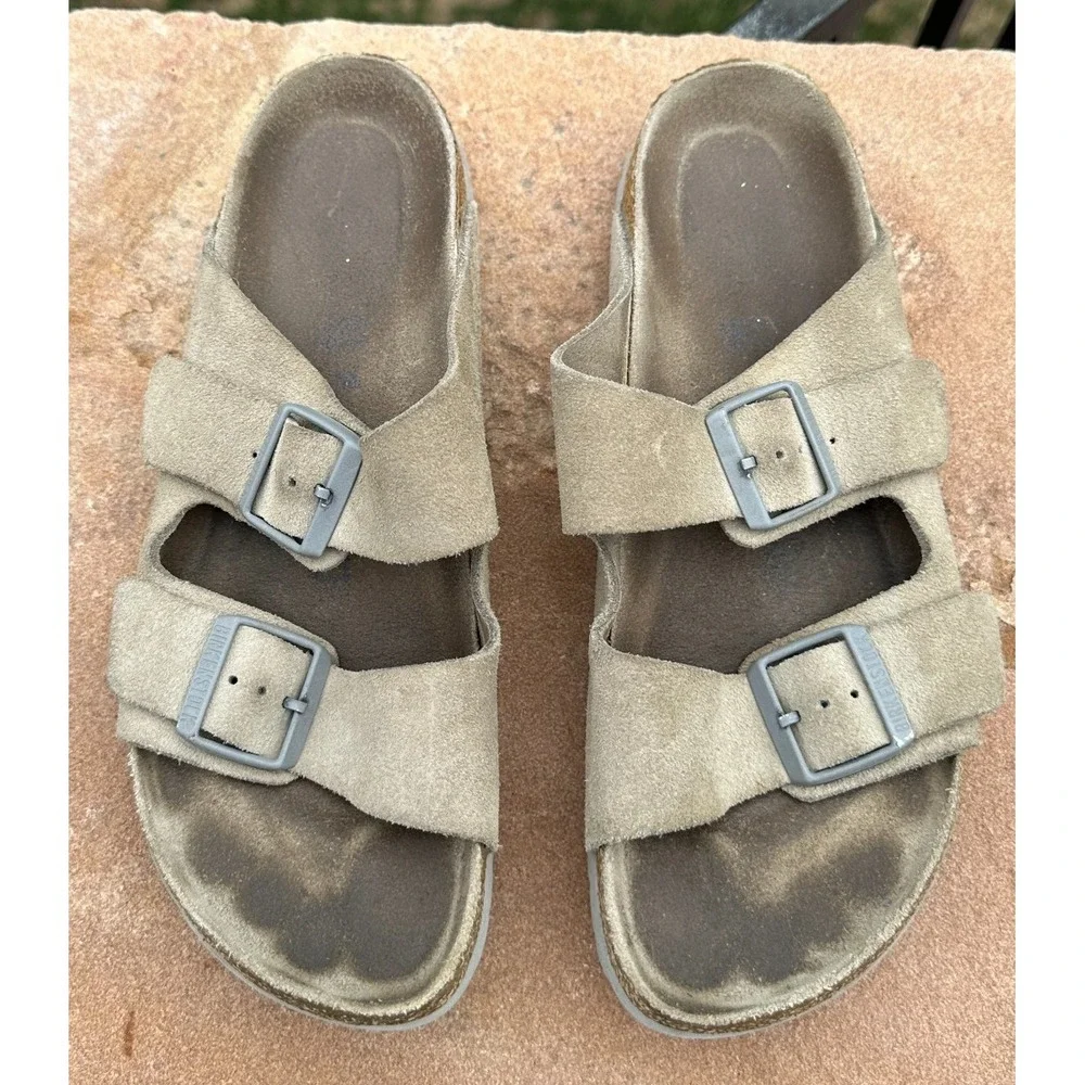 Birkenstock Arizona Sandals 41 Taupe Suede Men Slide Cork Footbed Comfort Buckle